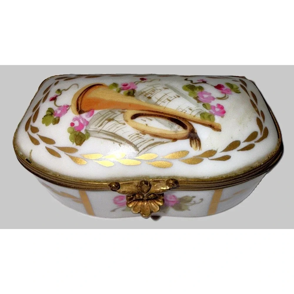 Antique Sevres Style Porcelain Kidney Trinket Box Hand Painted Musical Trophy